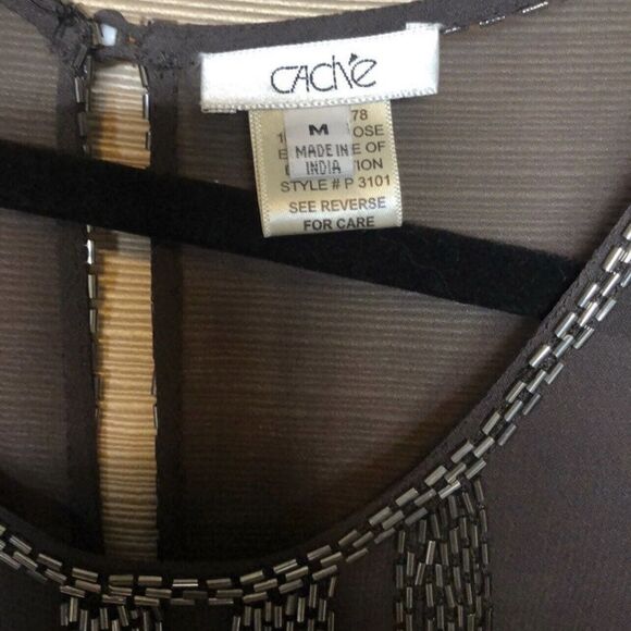 Cache Sheer Beaded Blouse Top In Charcoal Sz Med - Picture 7 of 8